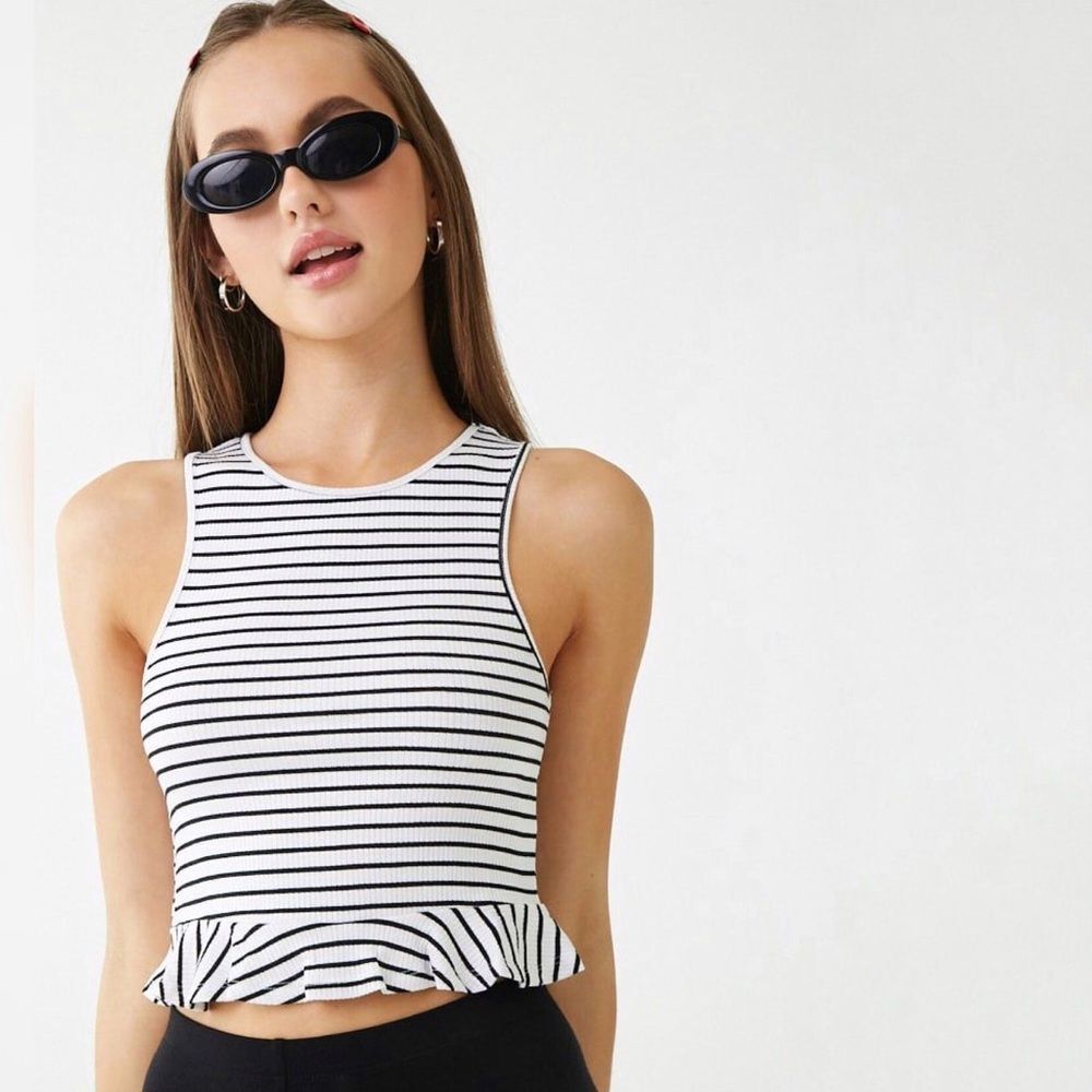 Forever 21 Stripe Ruffle Hem Tank Top Cropped Baby Tee Summer Flirty Light M